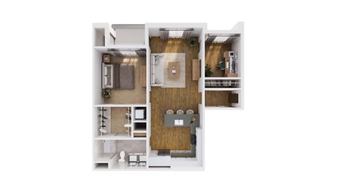 A white dollhouse with a kitchen, living room, and bedroom.